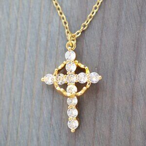 Cross & Crown Pendant with Clear CZ Diamond Necklace 18k Gold Plated